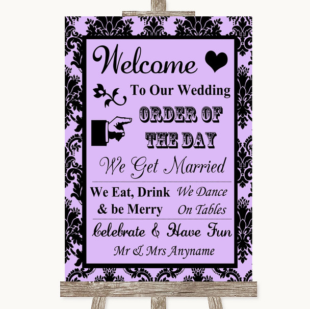 Lilac Damask Welcome Order Of The Day Personalised Wedding Sign
