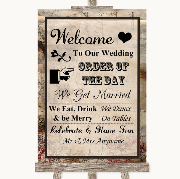 Vintage Welcome Order Of The Day Personalised Wedding Sign