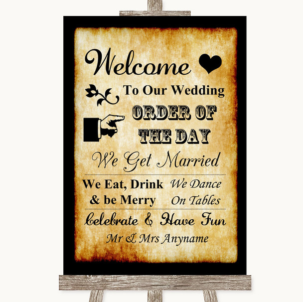 Western Welcome Order Of The Day Personalised Wedding Sign