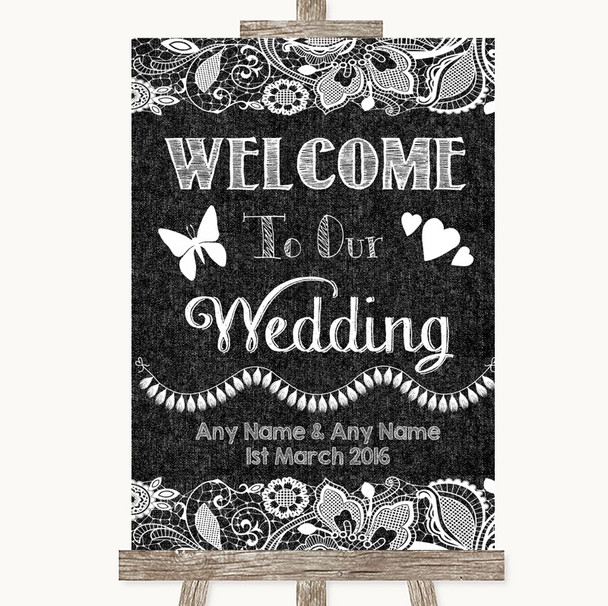 Dark Grey Burlap and Lace Welcome To Our Wedding Personalised Wedding Sign