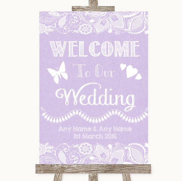 Lilac Burlap & Lace Welcome To Our Wedding Personalised Wedding Sign