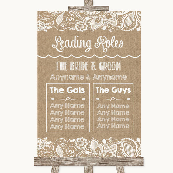 Burlap and Lace Who's Who Leading Roles Personalised Wedding Sign