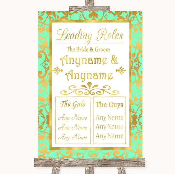 Mint Green & Gold Who's Who Leading Roles Personalised Wedding Sign