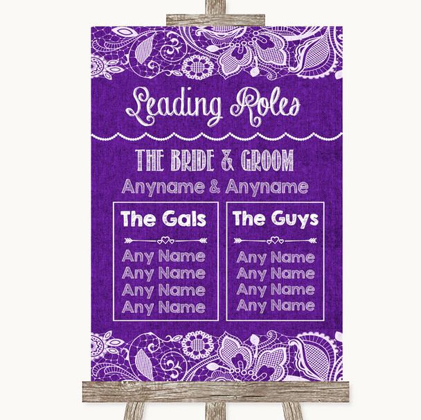 Purple Burlap & Lace Who's Who Leading Roles Personalised Wedding Sign
