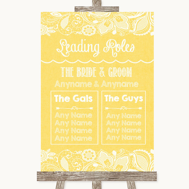 Yellow Burlap & Lace Who's Who Leading Roles Personalised Wedding Sign