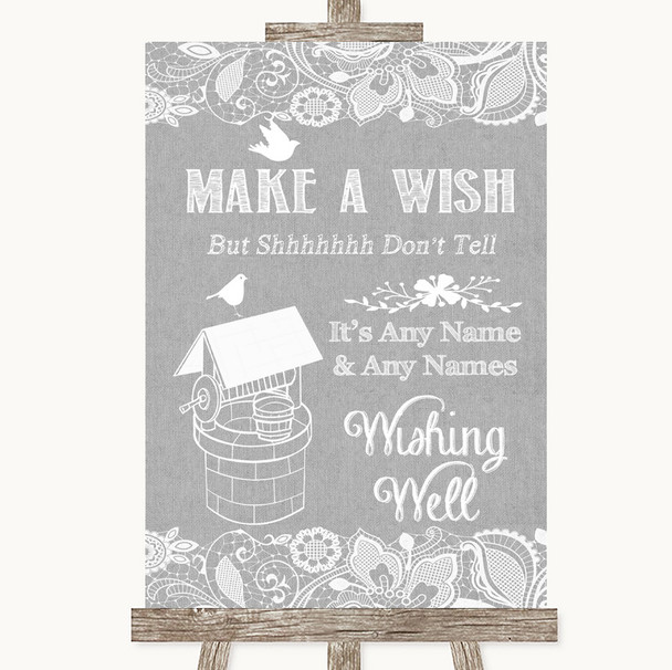 Grey Burlap & Lace Wishing Well Message Personalised Wedding Sign