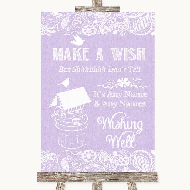 Lilac Burlap and Lace Wishing Well Message Personalised Wedding Sign