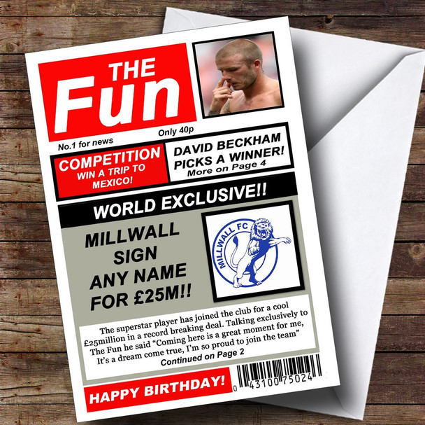 Millwall Football Fan Funny Newspaper Personalised Birthday Card