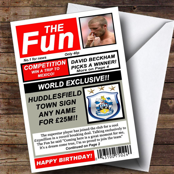 Huddlesfield Town Football Fan Funny Newspaper Personalised Birthday Card