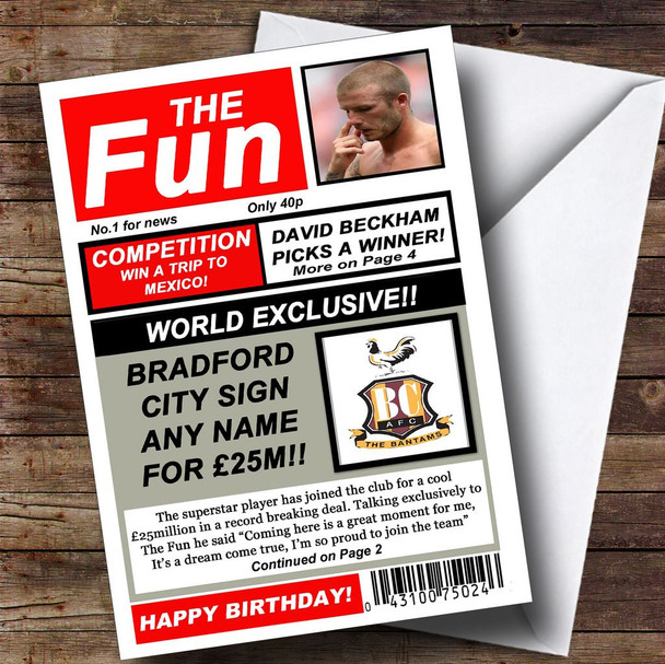 Bradford City Football Fan Funny Newspaper Personalised Birthday Card