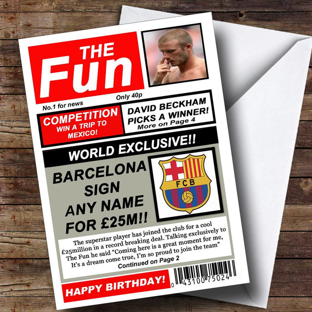 Barcelona Football Fan Funny Newspaper Personalised Birthday Card