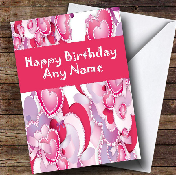 Pink And Lilac Hearts Romantic Personalised Birthday Card