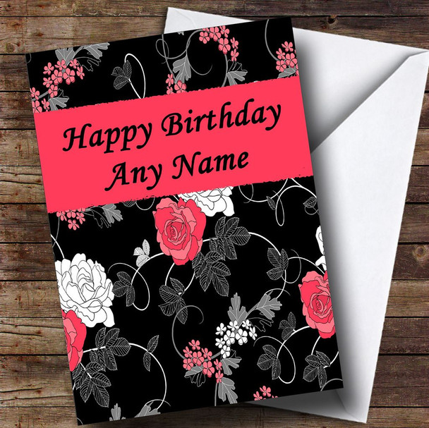 Pretty Black Vintage Floral Personalised Birthday Card