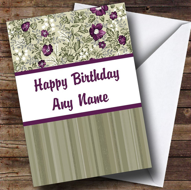Stripe & Vintage Purple Sage Green Floral Personalised Birthday Card