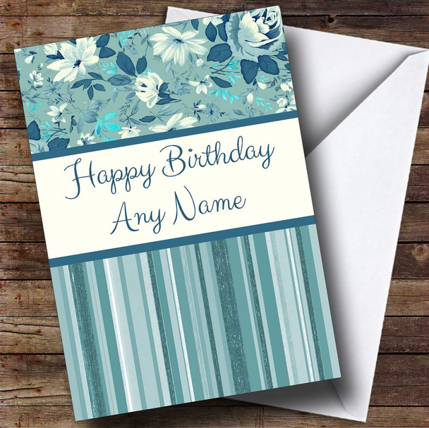 Stripe & Floral Blue Shabby Chic Personalised Birthday Card