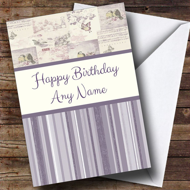 Stripe & Birds Shabby Chic Personalised Birthday Card