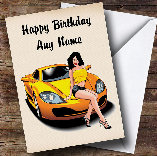 Sports Car And Sexy Lady Yellow Personalised Birthday Card