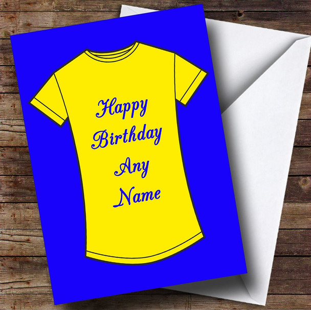 Blue And Yellow T Shirt Personalised Birthday Card