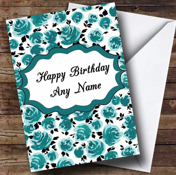 Vintage Shabby Chic Turquoise Flowers Personalised Birthday Card