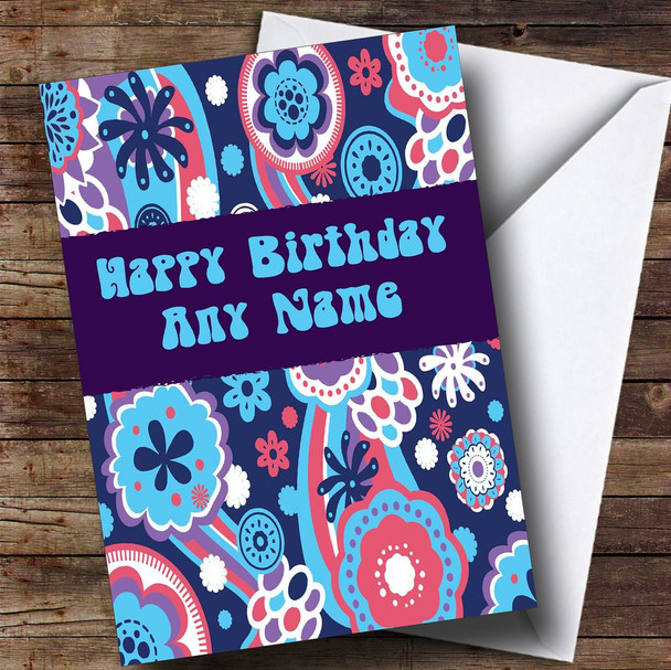 Purple Retro Pattern Floral Personalised Birthday Card