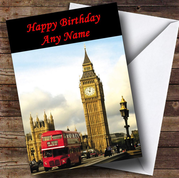 London Big Ben Red Bus Personalised Birthday Card