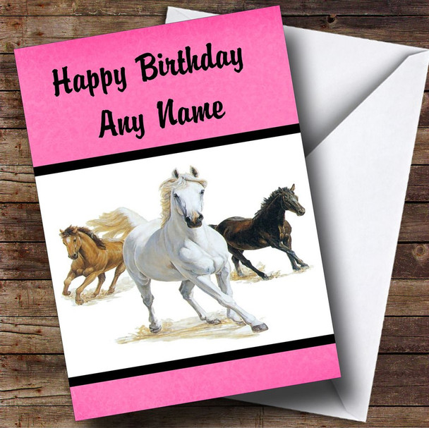 Hot Pink Beautiful Horses Personalised Children's Birthday Card