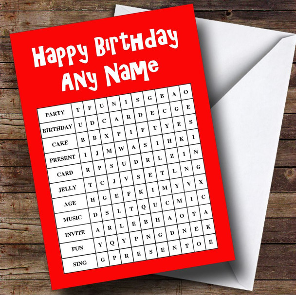 Word Search Fun Activity Red Personalised Birthday Card