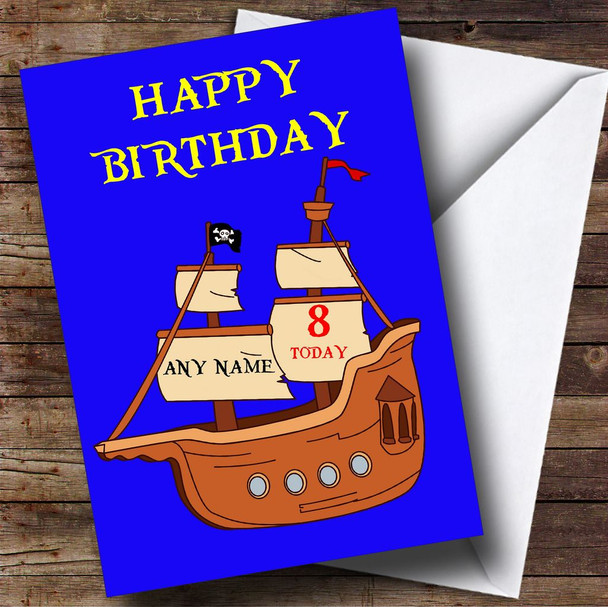 Blue Pirate Ship Cartoon Personalised Birthday Card