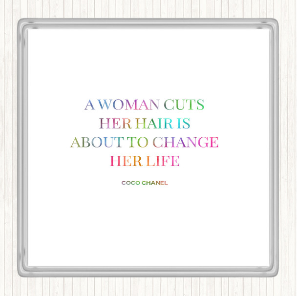 Coco Chanel Cut Hair Rainbow Quote Drinks Mat Coaster