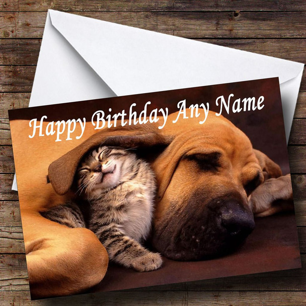 Sleeping Dog & Kitten Personalised Birthday Card