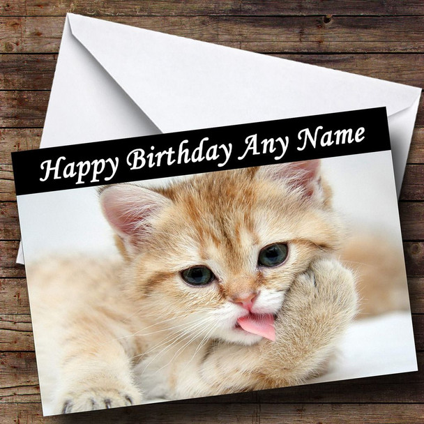 Cute Kitten Licking Paw Personalised Birthday Card