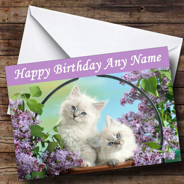 Cute White Cats In A Basket Personalised Birthday Card