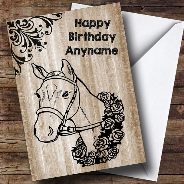 Vintage Wood Horse Head Personalised Birthday Card