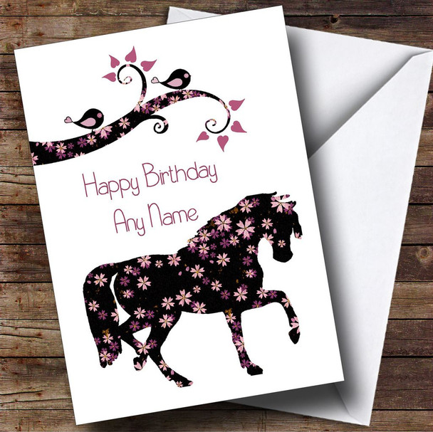 Black & Pink Floral Horse Personalised Birthday Card