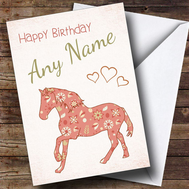 Patterned Coral Horse Personalised Birthday Card