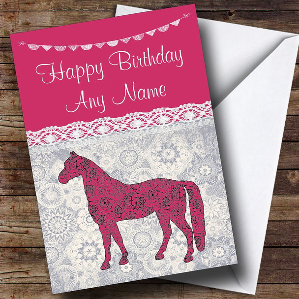 Lace Bunting Horse Pink Personalised Birthday Card
