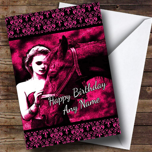 Hot Pink Damask Girl & Horse Personalised Birthday Card