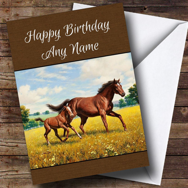 Horse & Foal Burlap Style Personalised Birthday Card