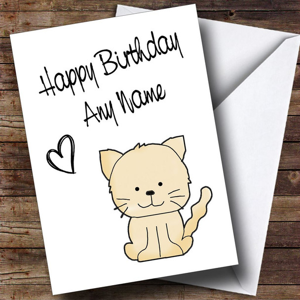 Cute Cream Stick Cat Personalised Birthday Card
