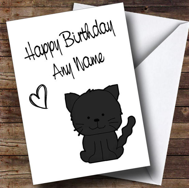 Cute Black Stick Cat Personalised Birthday Card