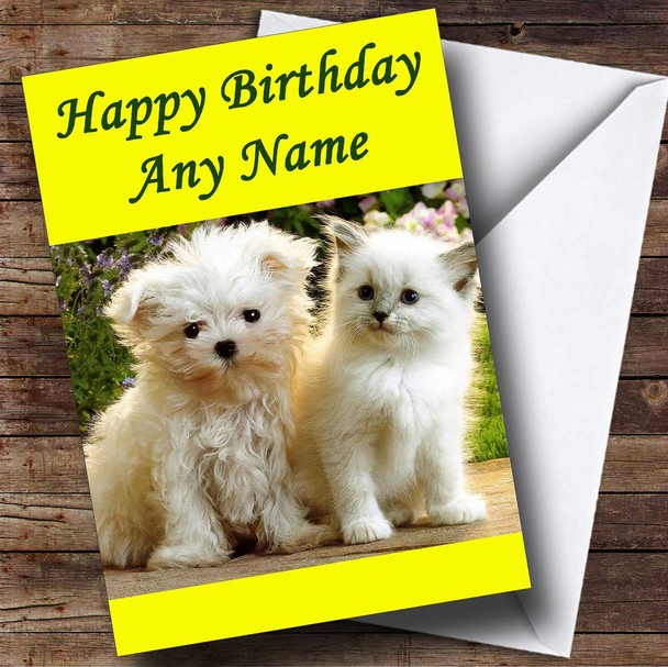 White Terrier Dog & White Cat Personalised Birthday Card