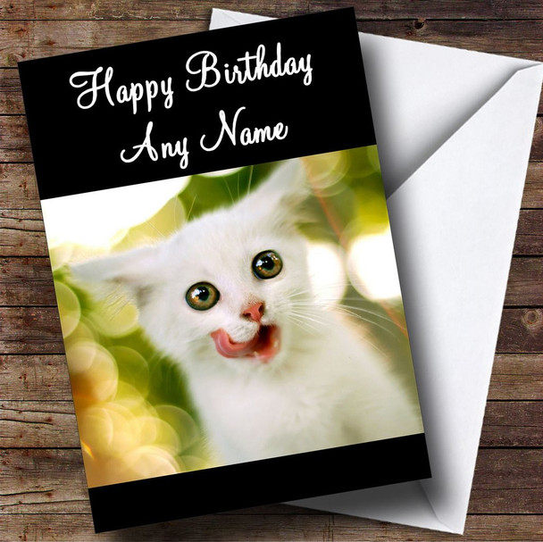 White Kitten With Tongue Out Personalised Birthday Card