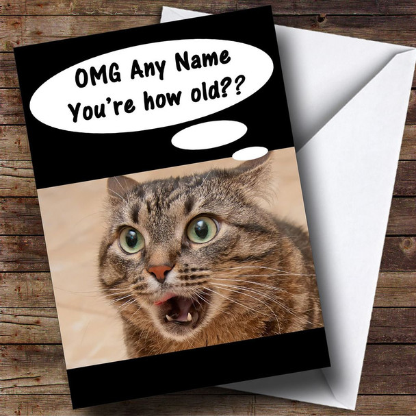 Funny Shocked Cat Age Joke Personalised Birthday Card