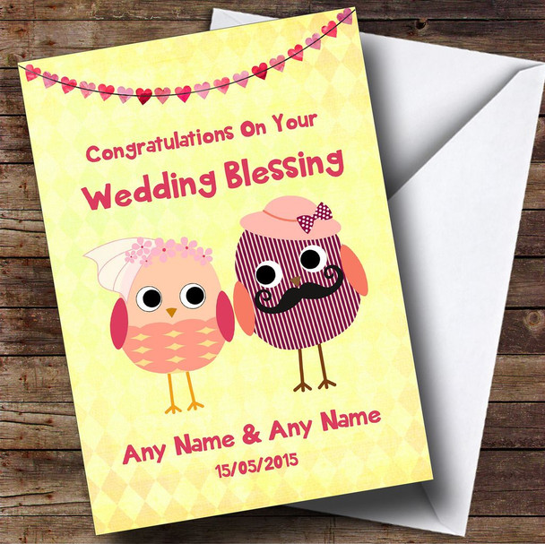 Yellow & Coral Cute Owls Personalised Wedding Blessing Card