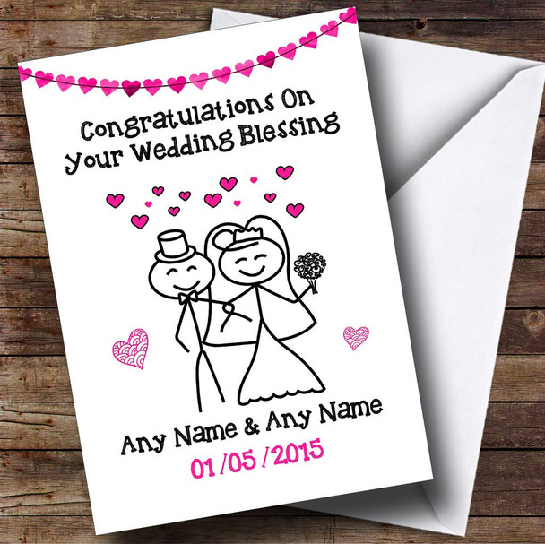 Doodle Happy Couple Pink Personalised Wedding Blessing Card