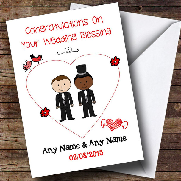 Cute Doodle Gay Male White Black Couple Personalised Wedding Blessing Card