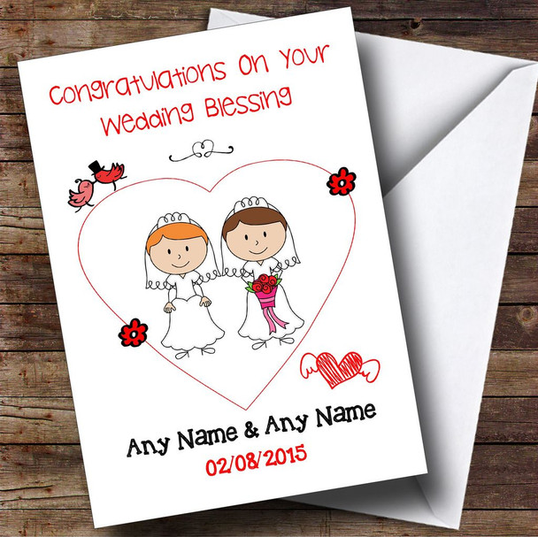 Doodle Gay Lesbian Couple Red Head Brunette Personalised Wedding Blessing Card