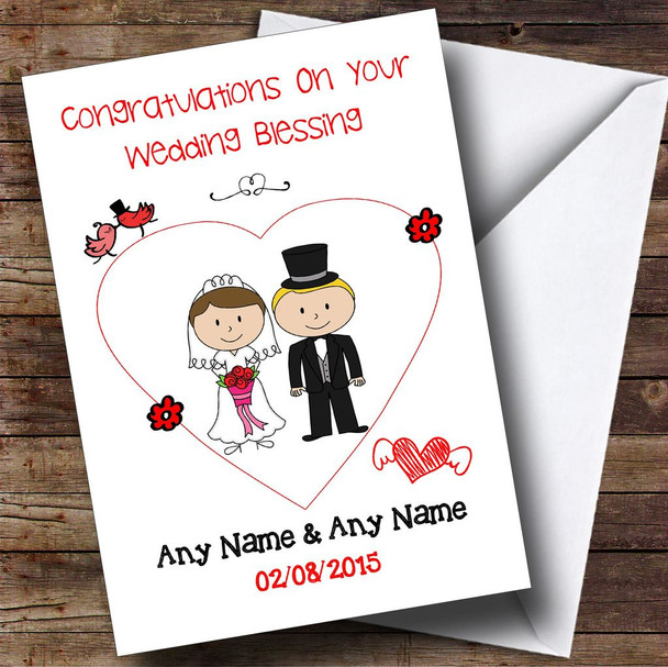 Cute Doodle Blonde Groom Dark Haired Bride Personalised Wedding Blessing Card