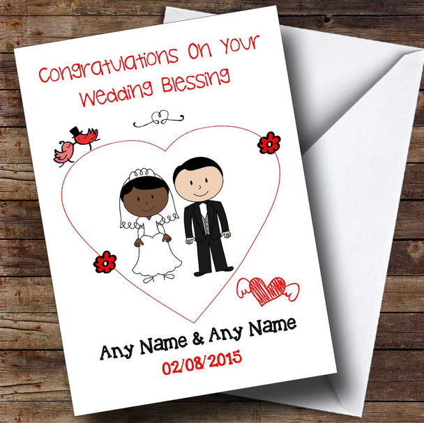 Cute Doodle Black Bride White Groom Personalised Wedding Blessing Card