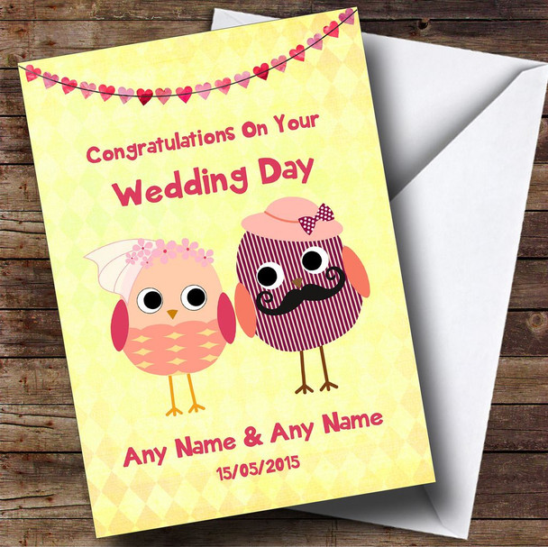 Yellow & Coral Cute Owls Personalised Wedding Card